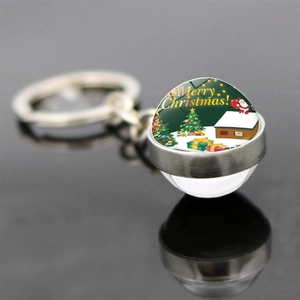 Detail of Christmas glass ball keychain with Merry Christmas text and festive patterns