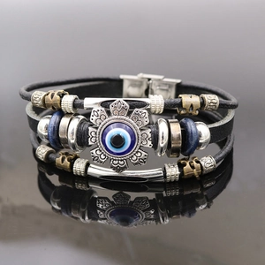 Vintage Multilayer Artificial Leather Braided Bracelet Glass Evil Eye Alloy Charm Ethnic Punk Style Handwoven Jewelry Gift