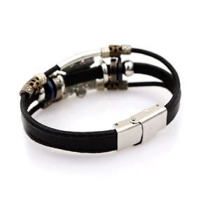 Men's multilayer black leather bracelet with blue evil eye and vintage metal charms
