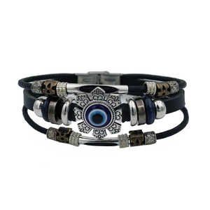 Multilayer leather evil eye bracelet with vintage sunflower charm and beaded accents