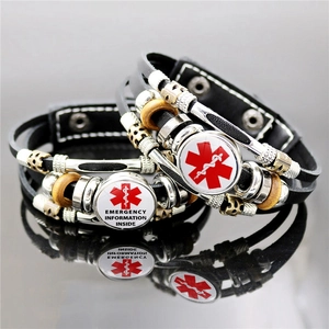 Medical Alert Diabetes Bracelet For Men Women Leather Multilayer Vintage Diabetic Type 1 Type 2 Star of Life Jewelry