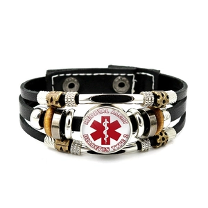 Multilayer leather medical alert bracelet for type 2 diabetes with star of life icon