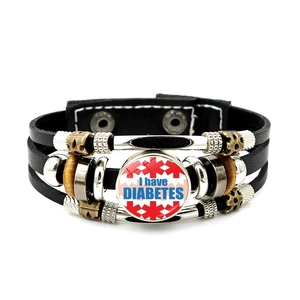 Multilayer leather beaded bracelet with 'I have DIABETES' medical alert emblem