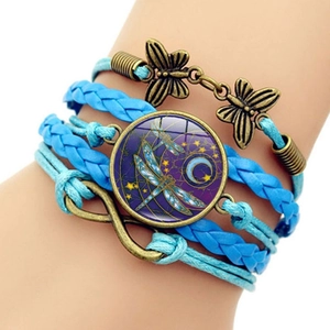 Bohemian multi-layer leather bracelet with dragonfly moon glass charm and infinity symbol