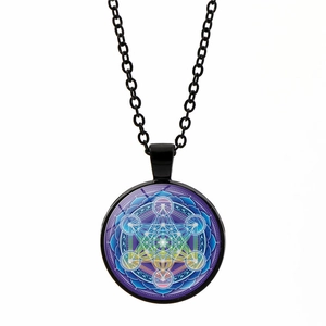 Close-up of vibrant Metatron Mandala pendant with colorful sacred geometry glass dome
