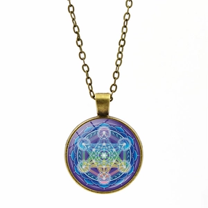 Metatron Cube Mandala necklace with bronze pendant and purple geometric design on O-chain