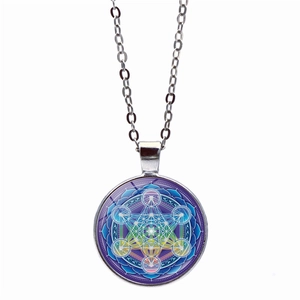 Metatron mandala pendant necklace with sacred geometry under glass dome on silver chain