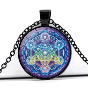Metatron Cube mandala pendant necklace with colorful geometric design and black chain