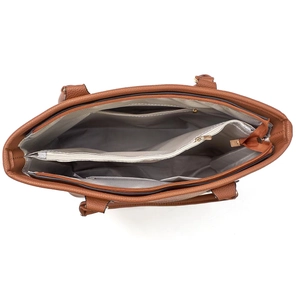 Interior view of caramel brown leather bucket bag showing large capacity and multi-pockets