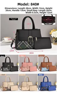 Detail view of large PU leather tote bag with plaid patchwork and inner pocket layout