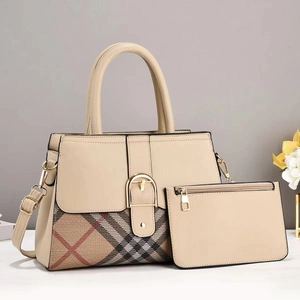 Two-piece beige tote bag and pouch set with classic plaid pattern and golden hardware