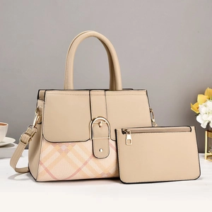 Chic beige color-block tote bag set with classic plaid pattern and matching pouch