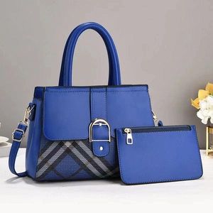 Chic blue tote bag set with color-block plaid base and matching small pouch