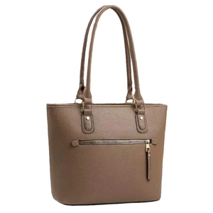 Brown lychee texture leather bucket tote bag with gold zipper and spacious shoulder straps