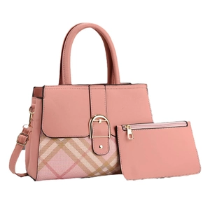 Pink two-piece tote set with checkered flap and horseshoe buckle, including a small pouch
