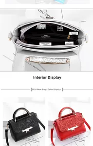 Detalles de compartimentos internos y opciones de color del bolso con lentejuelas