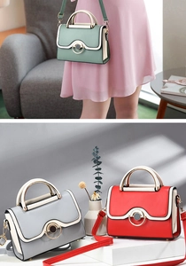 Detail of trendy patchwork crossbody bags with metal handles in three vibrant colors