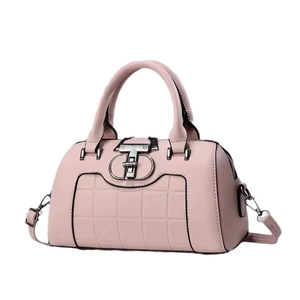 Pink checkered leather bowling tote bag with T-shaped metal buckle and strap