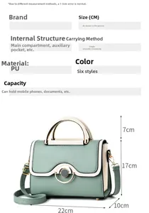 Detailed size specifications and material chart for stylish PU leather crossbody handbag