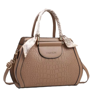 Brown crocodile pattern tote bag with silk scarf handle and golden hardware accessories