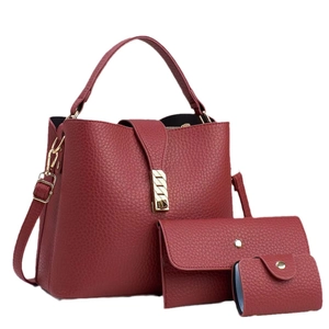 3-piece burgundy litchi texture tote bag set with gold hardware and shoulder strap