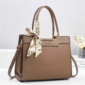 Khaki macaron bucket bag with elegant silk scarf and detachable shoulder strap detail