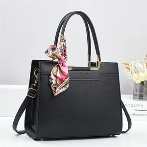 Women Bucket Bag PU Lychee Grain Tote With Satin Scarf Elegant Shoulder Crossbody Handbag Large Capacity Minimalist Fashion