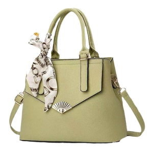 Green large capacity tote bag in lychee pattern leather with silk scarf detail