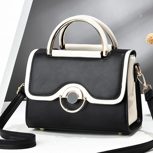 Women Fashion PU Leather Patchwork Bucket Bag Contrast Color Top Handle Handbag With Metal Buckle Crossbody Shoulder Bag