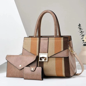 Three-piece set of striped fabric and brown leather handbags with golden square locks