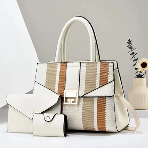 Three-piece tote bag set with color-block stripes and gold buckle on textured PU leather