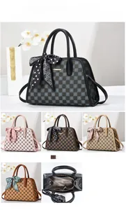 Detail view of checkerboard tote bag showing dimensions and multiple color options