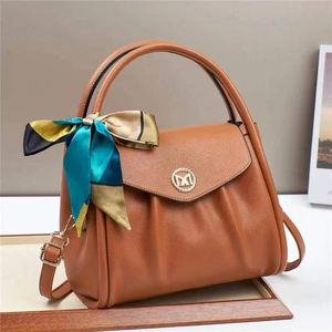 Brown ruched handbag with M-logo, silk scarf handle, and adjustable shoulder strap