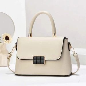 Elegant cream white PU leather handbag with black grid buckle and detachable shoulder strap