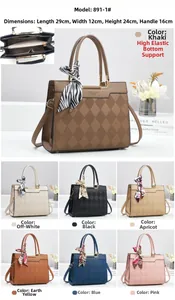 Detail view of rhombic pattern PU leather handbag with internal dividers and dimensions
