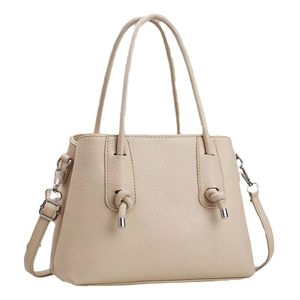 Minimalist beige macaron handbag with litchi grain texture and adjustable shoulder strap