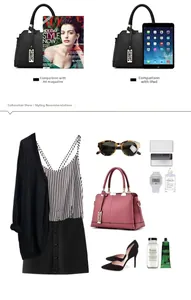 Detailed size comparison of large tote bag with A4 magazine and iPad for scale