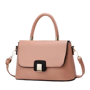 Elegant macaron pink leather handbag with gold metal buckle and adjustable shoulder strap