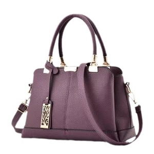 Deep purple faux leather handbag with lychee texture and gold leaf pendant accessory