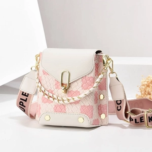 Women Crossbody Bucket Bag PU Leather Woven Lattice Metal Chain Handle Wide Letter Shoulder Strap Chic Trendy Purse