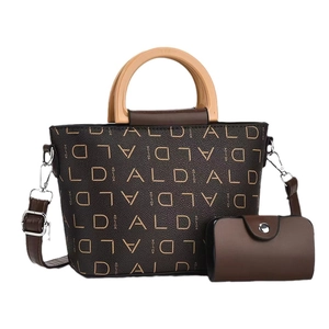 Brown 2-piece tote bag set with ALDI print, wooden handles and crossbody strap
