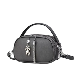 Grey pebbled leather multi-layer shoulder bag with cute bear pendant and chain handle