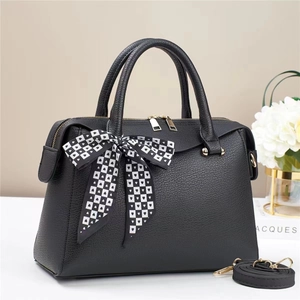 Black lychee pattern bucket bag with checkered heart scarf and golden hardware