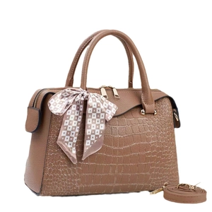 Brown faux crocodile stone texture bucket bag with silk scarf handle and crossbody strap