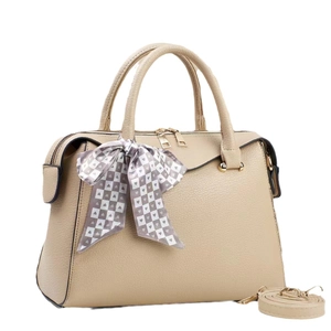 Elegant beige lychee texture bucket bag with checkered bow scarf and golden hardware