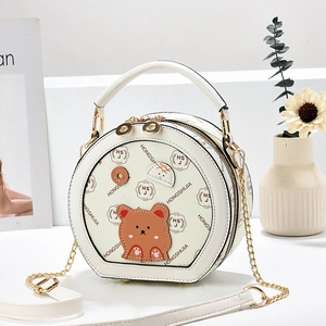 Sac Bandoulière Rond Femmes Cuir PU Imprimé Ours Dessin Animé Sac À Main Tendance Avec Bandoulière Chaîne Style Décontracté