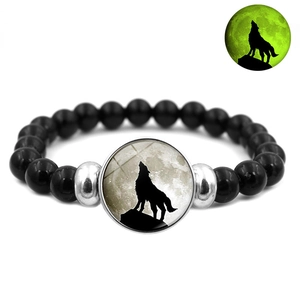 Wolf Howl Moon Beaded Bracelet Glow In The Dark Resin Glass Alloy Elastic Wristband Punk Gothic Unisex Jewelry