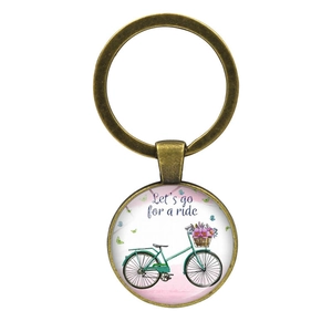 Vintage bronze bicycle keychain with Let's go for a ride flower basket glass pendant