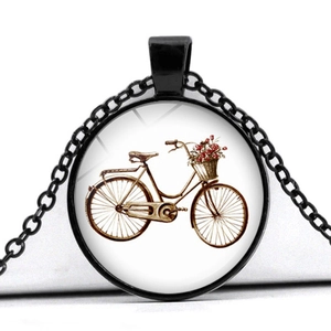 Vintage bicycle necklace with red rose basket on a black matte metal frame