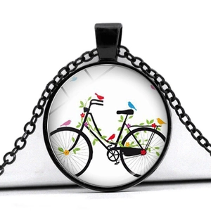 Vintage bicycle floral basket pendant necklace with bird illustration in black frame
